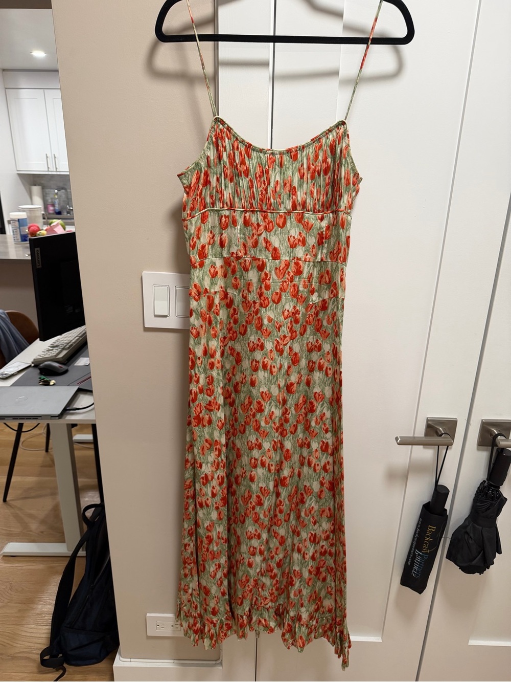 Doen Sage Green Slip Dress with Coral Floral Print